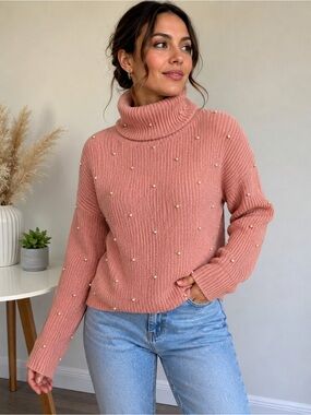 Women’s Pink Pearl Ribbed Turtleneck Knit Sweater Long Sleeve Size S New